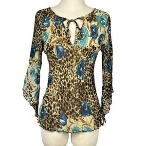 Zoompy Y2K Sheer Leopard Floral Bell‎ Sleeve Tie Front Top Womens Medium